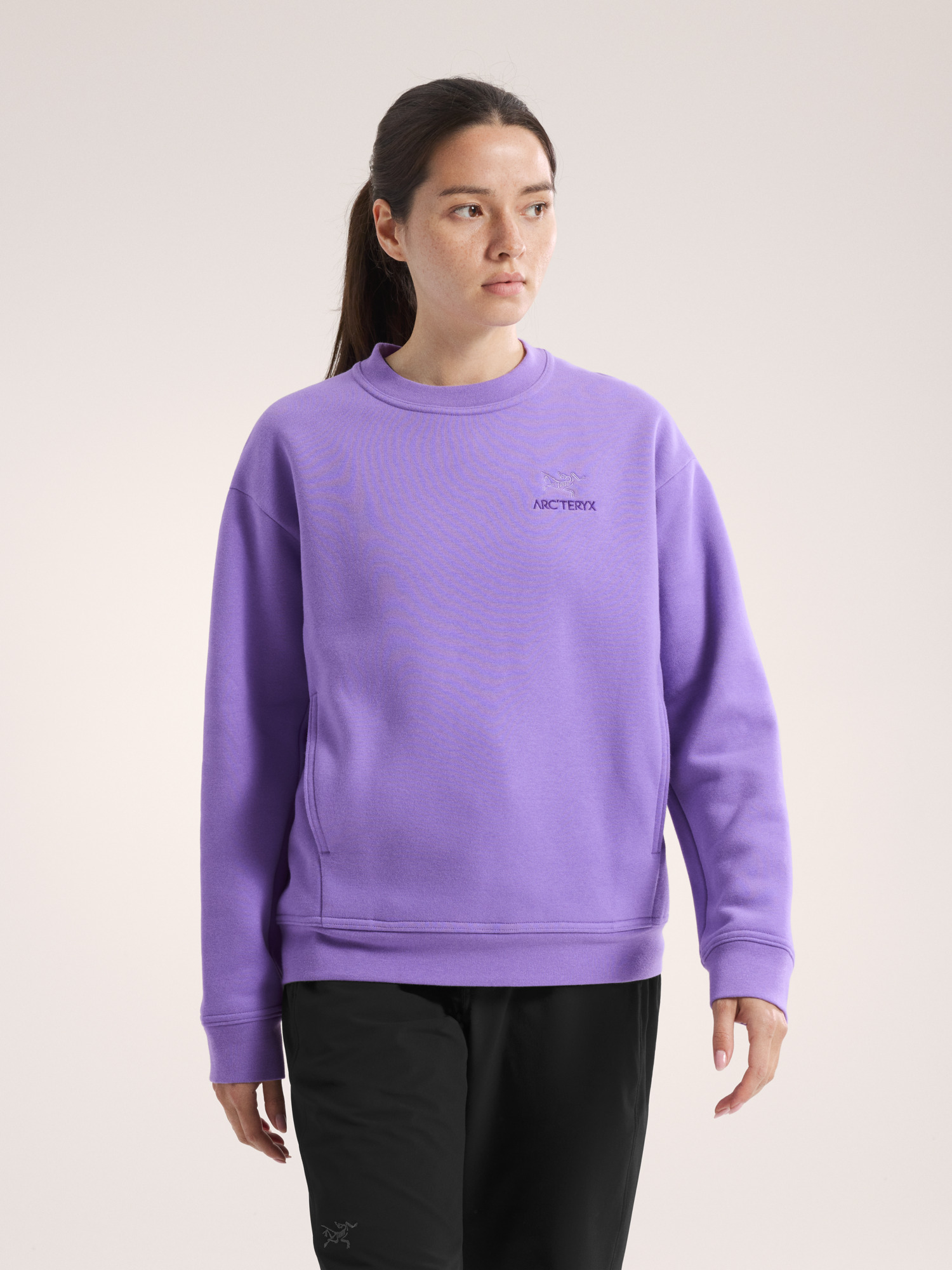 Emblem Fleece Crew Neck Pullover Women's Aster Front View