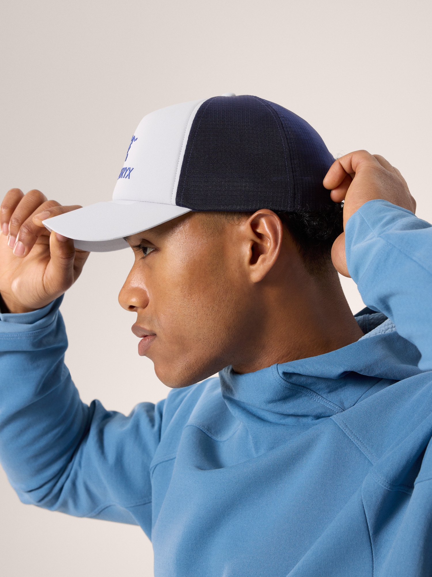 Bird Word Trucker Curved Hat Solitude/Black Sapphire Side View